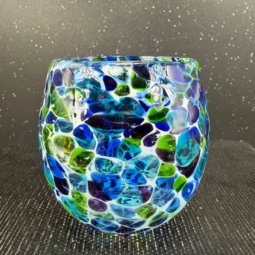 Hand Blown USA Glass Votive Holder Blue Green Purple Confetti Mosaic Cup Glass